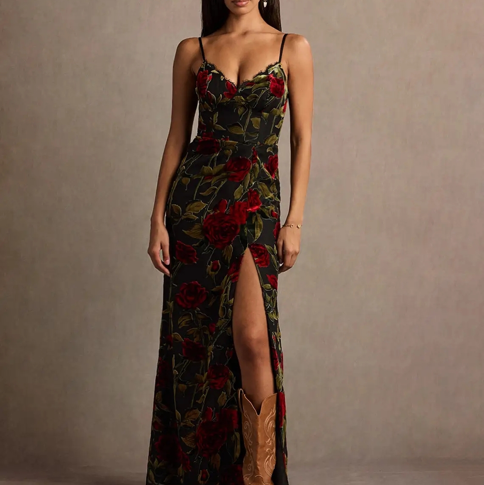 Floral Maxi Dress with Red and Green Accents, Worn One Time